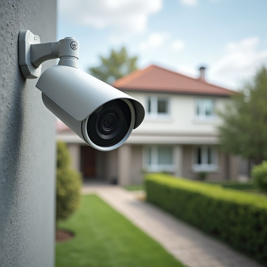 Security camera mounted on a wall, facing a house with a green lawn and bushes.