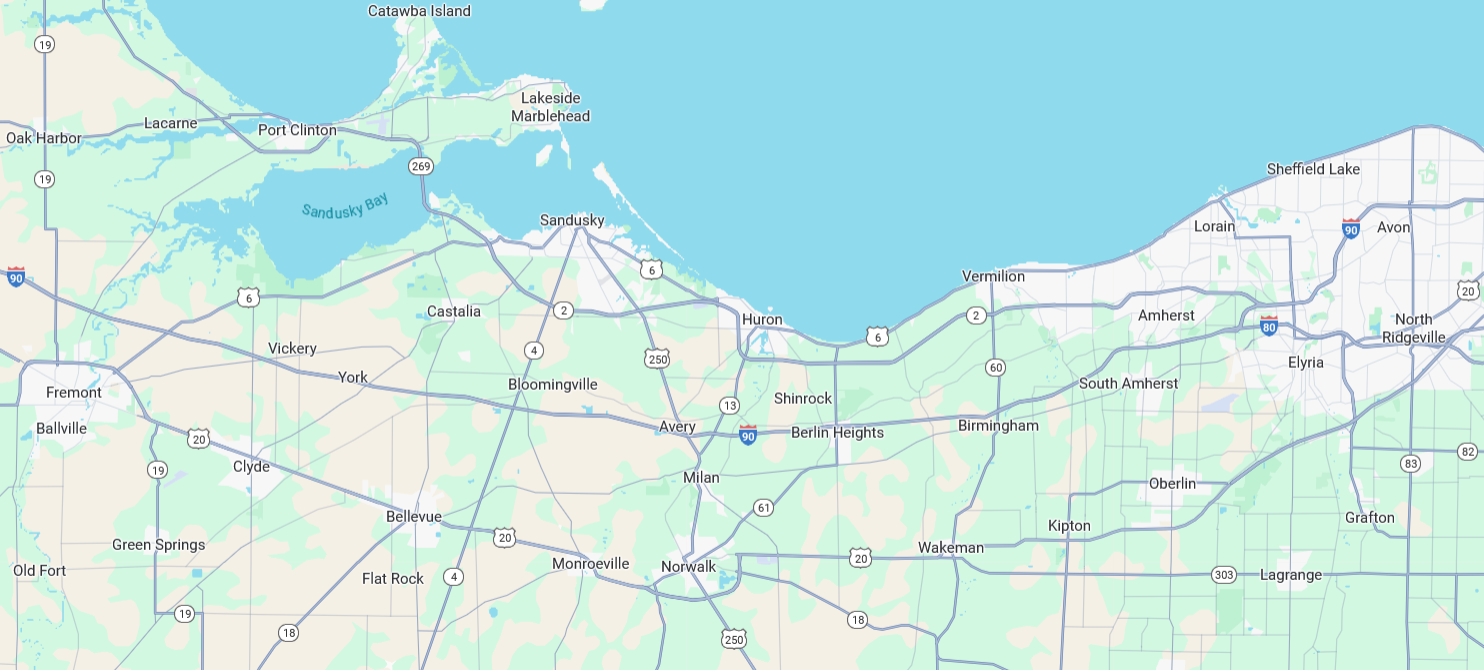 Map showing service area of fisher custom av in north central Ohio, showing north central ohio cities.