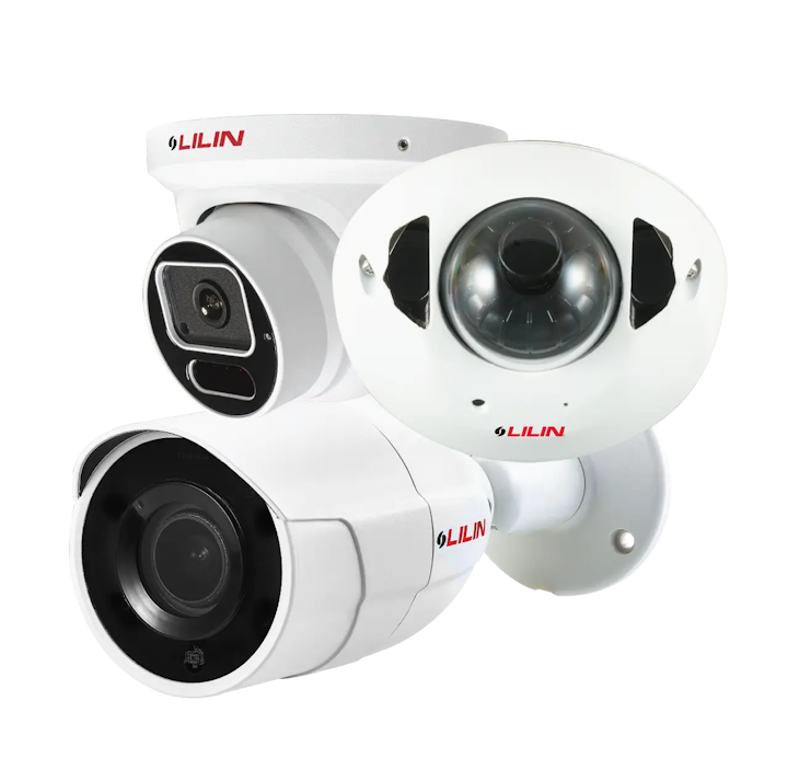 Three white LILIN security cameras: bullet, dome, and turret style.