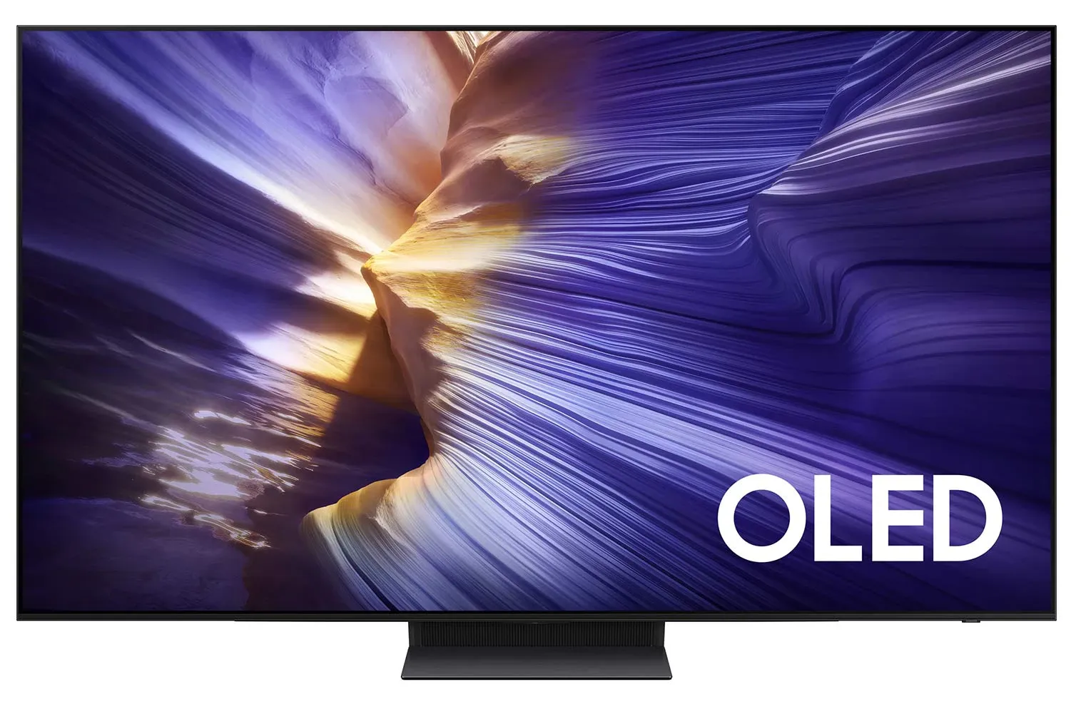 Samsung OLED TV displaying a colorful landscape with 