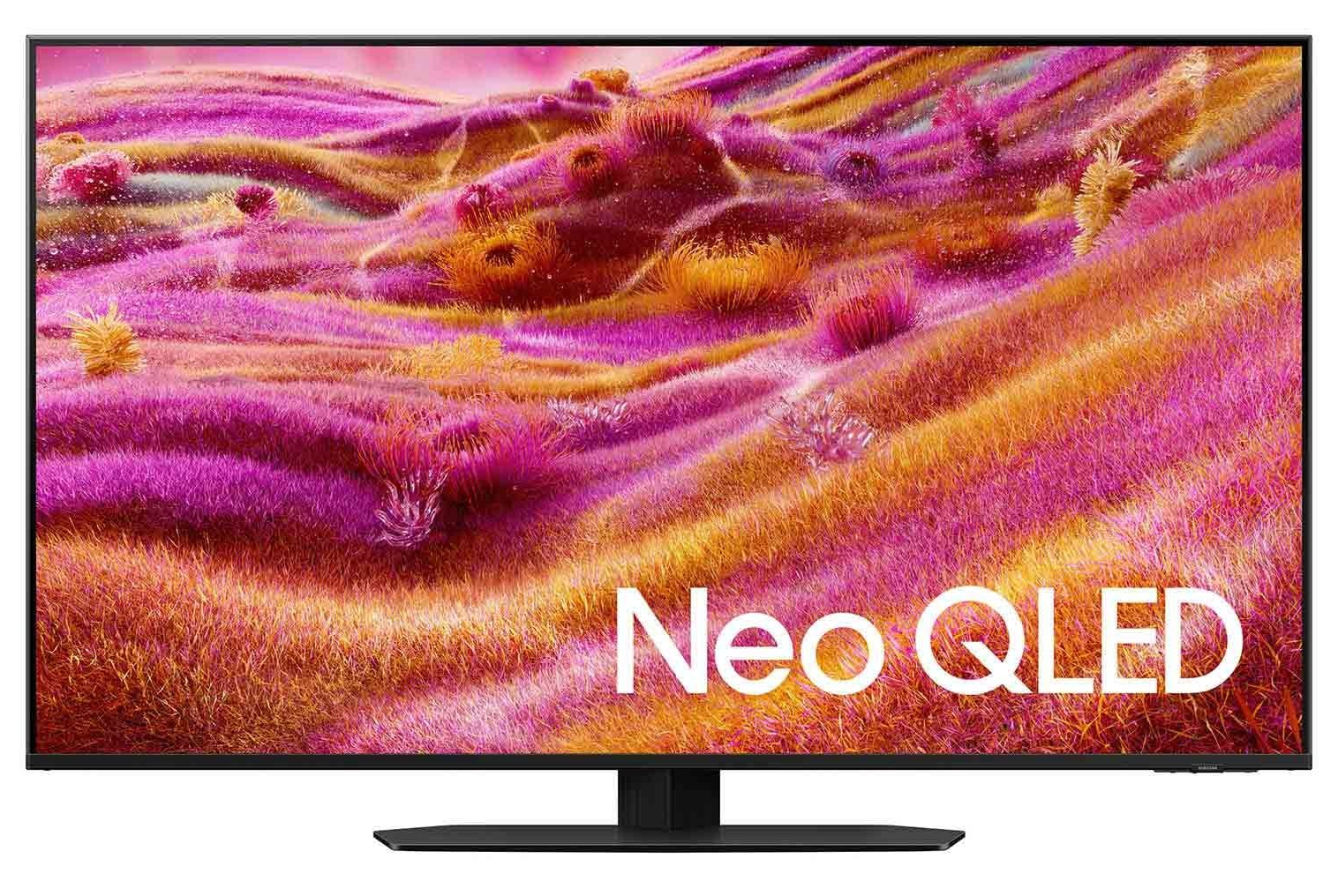 Samsung Neo QLED TV displaying abstract, colorful artwork; 