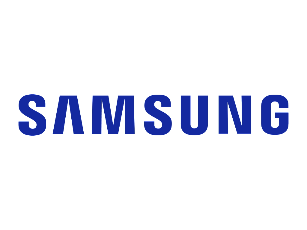 Samsung logo in blue text on a white background.