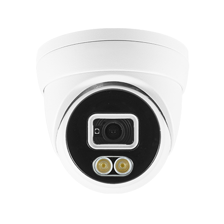 White dome security camera with a centered lens and two yellow lights.