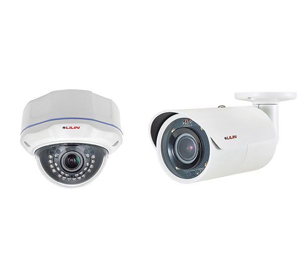 Two white security cameras, one dome-shaped, the other cylindrical, against a white background.