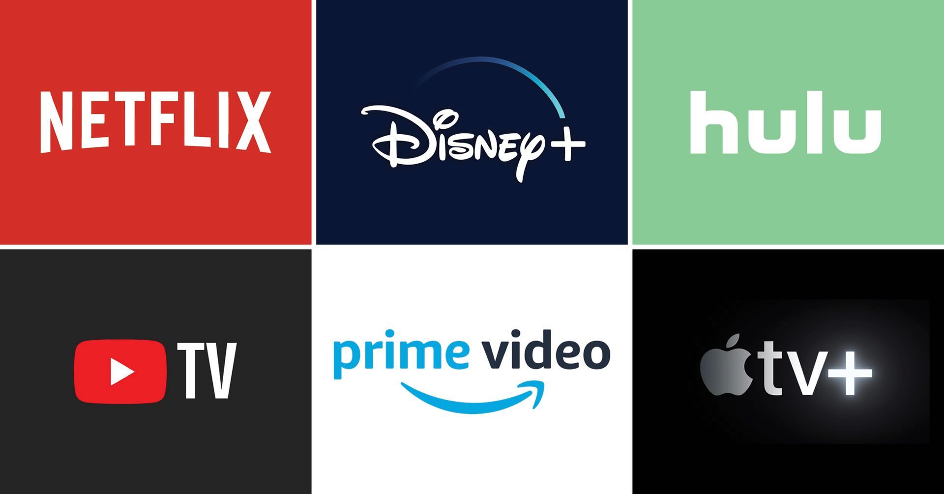 Logos for Netflix, Disney+, Hulu, YouTube TV, Prime Video, and Apple TV+ on a grid.