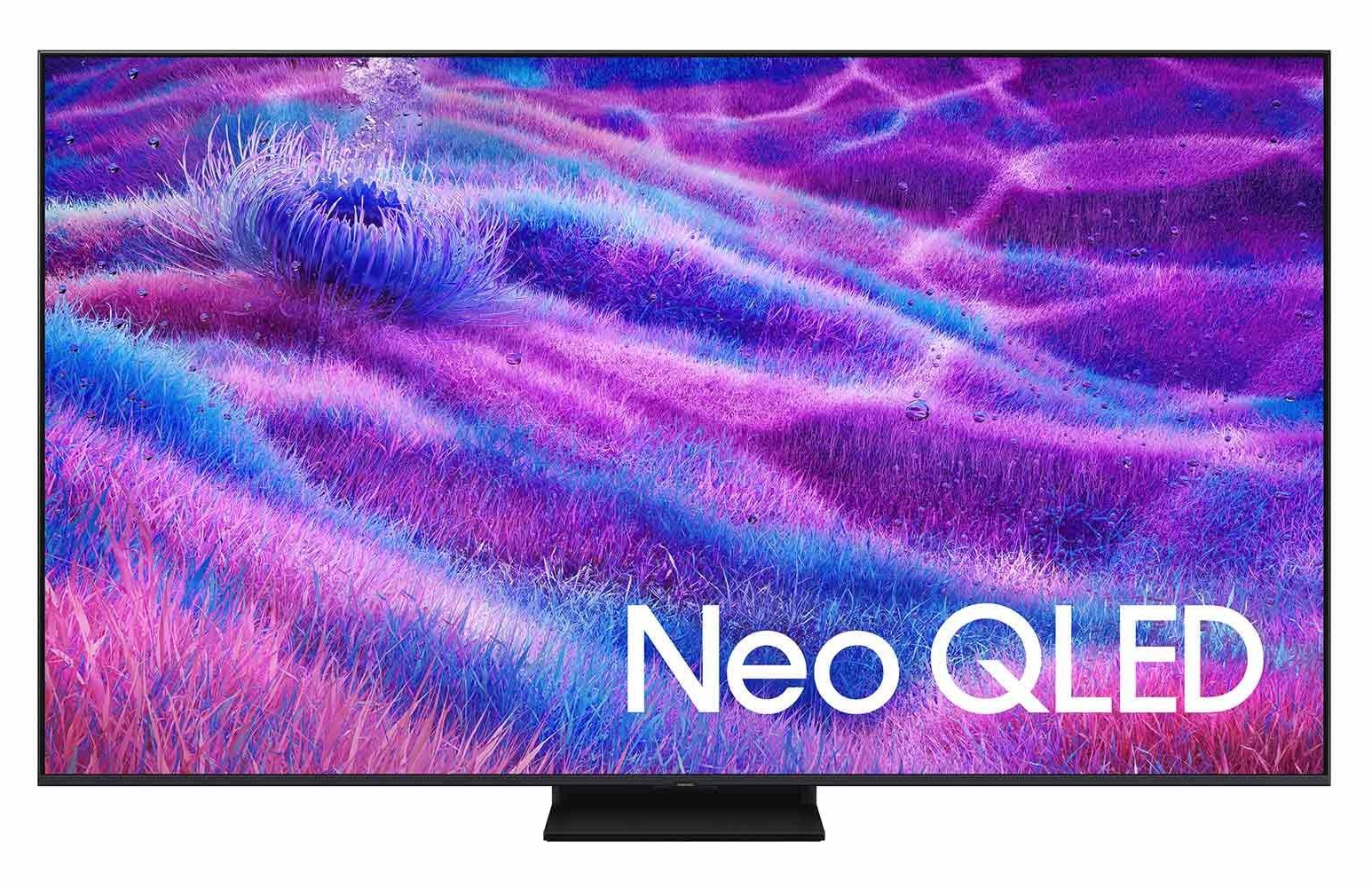 Samsung Neo QLED television displaying a colorful, abstract wave pattern.