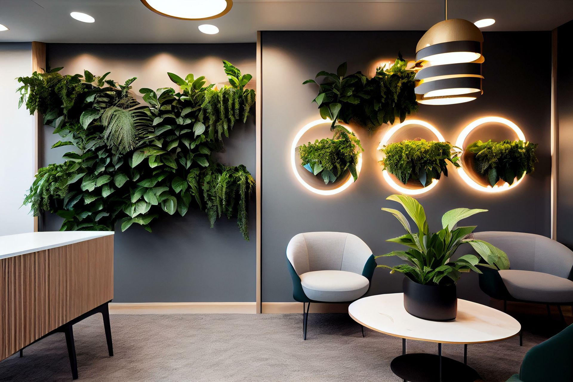 A contemporary reception area featuring a vibrant living plant wall and distinctively designed lighting fixtures.