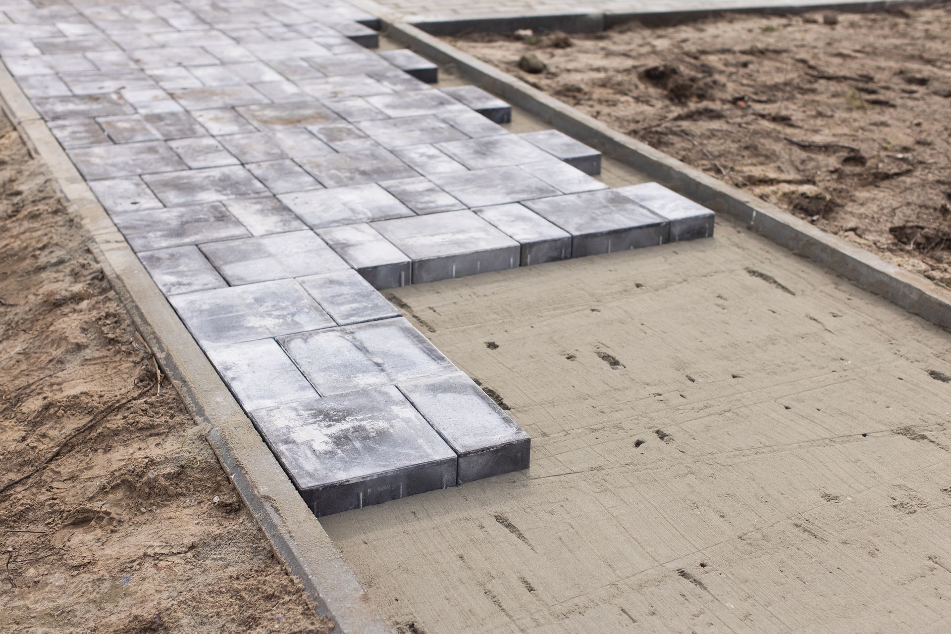 A brick walkway is being built in the dirt.