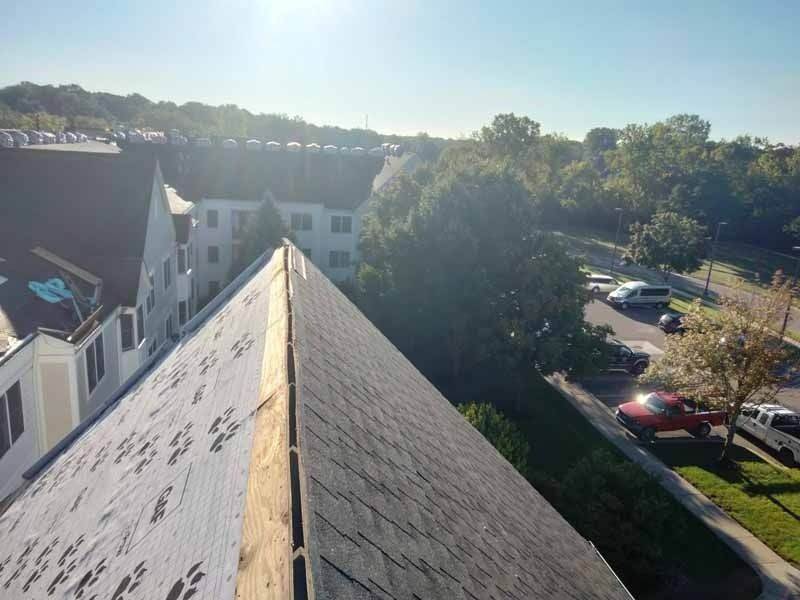 A view of a roof from the top of a building.