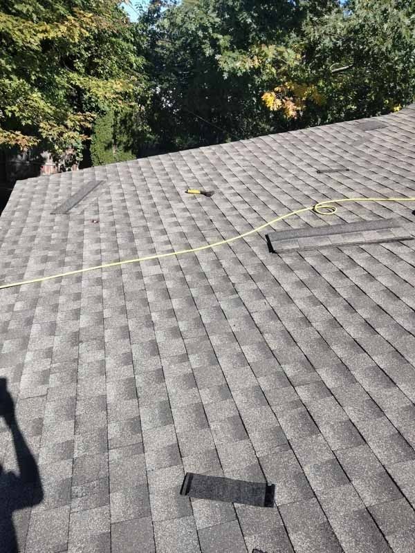A roof with a tape measure on it and trees in the background.