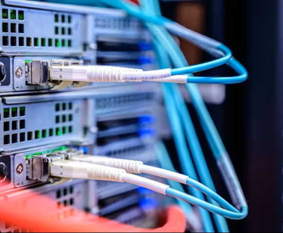 Close-up of server rack with network cables connected, mostly blue and white.