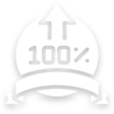 White badge with 100% text and an upward arrow.