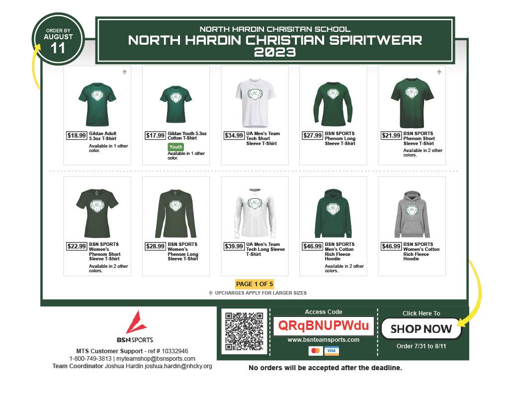 North Hardin Christian School Spiritwear 2023 catalog: various green, white shirts, and hoodies with logos.
