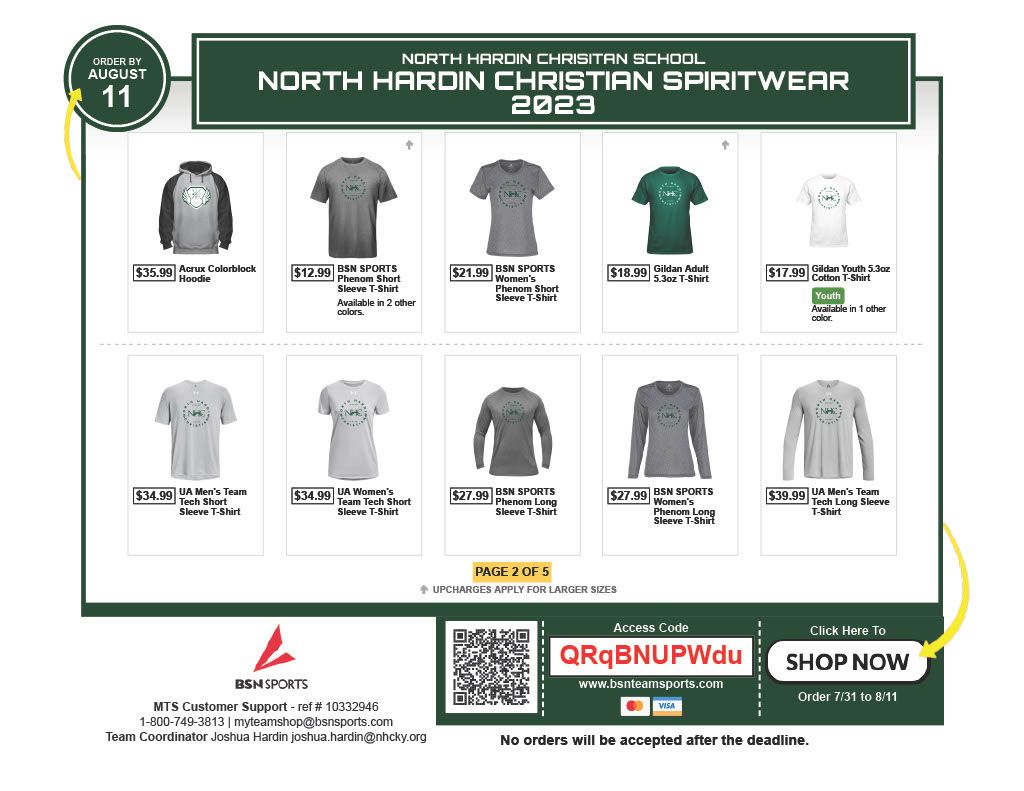 North Hardin Christian Spiritwear 2023 catalog. Clothing includes sweatshirts, t-shirts. Green and grey color scheme.