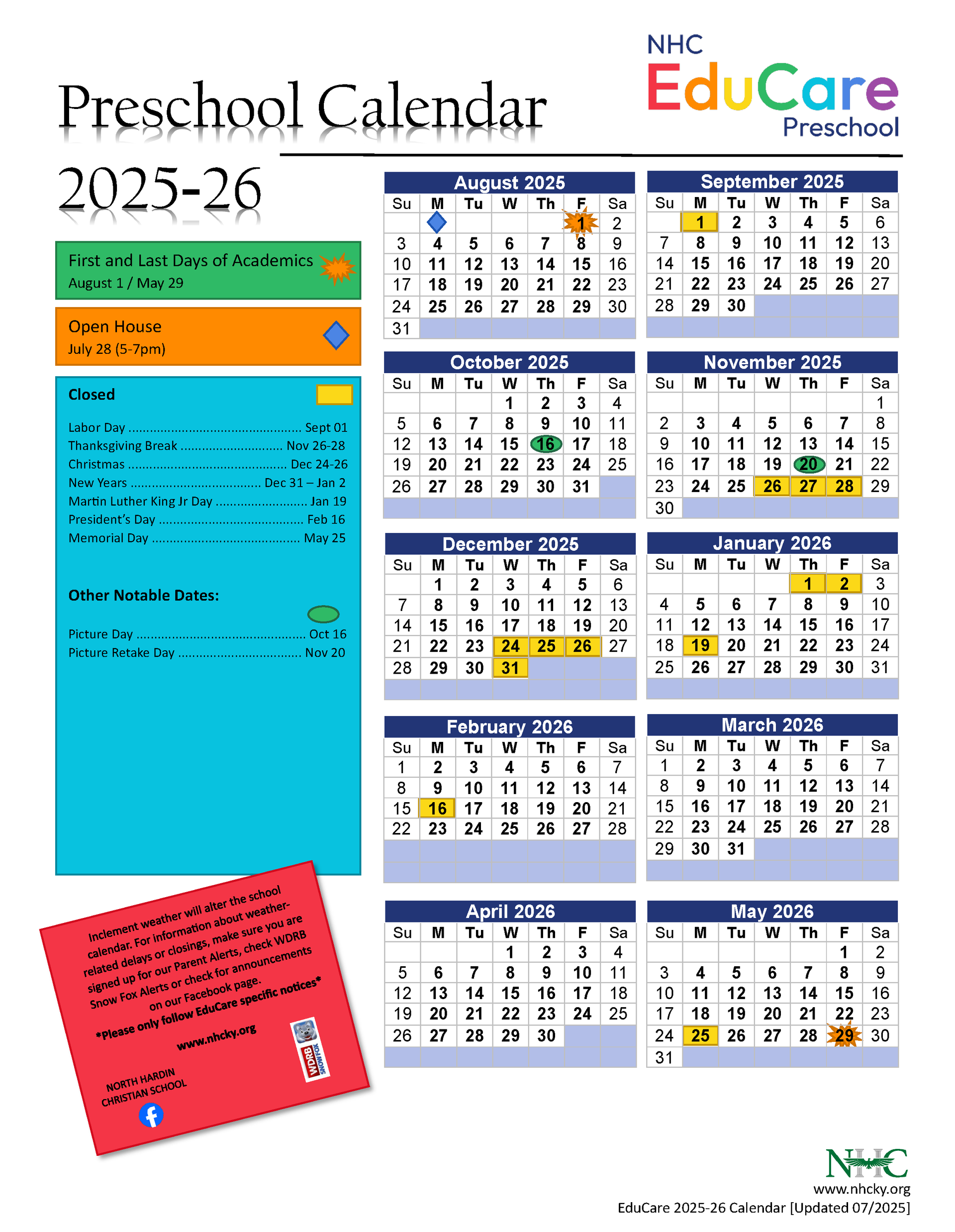 Preschool calendar for 2025-26 with monthly grids and event notes on a colorful background.