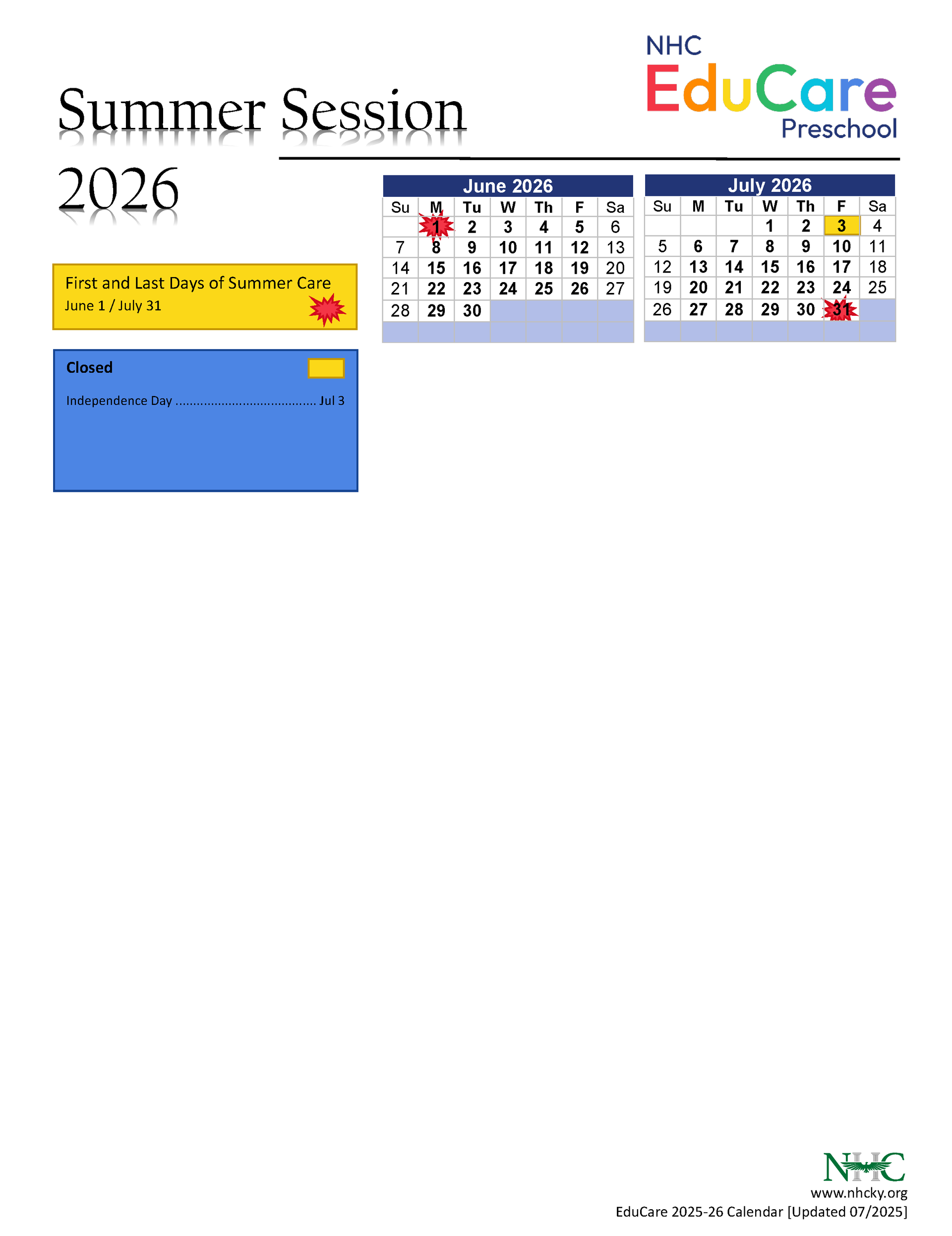 Summer session flyer, 2026, NHC EduCare Preschool, with June and July calendars. Blue, yellow, and white.