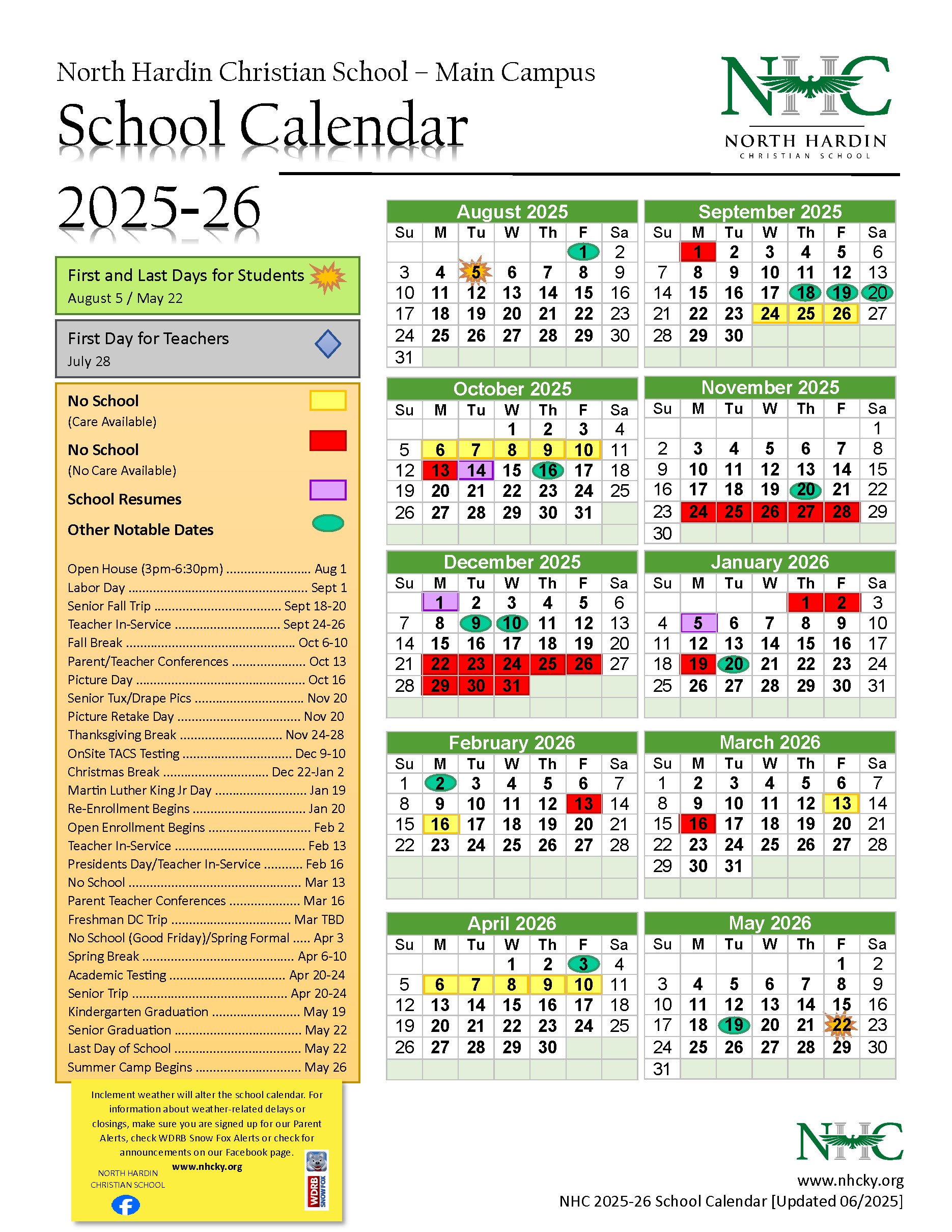 School calendar for North Haven Community School, 2025-26, with key dates color-coded.