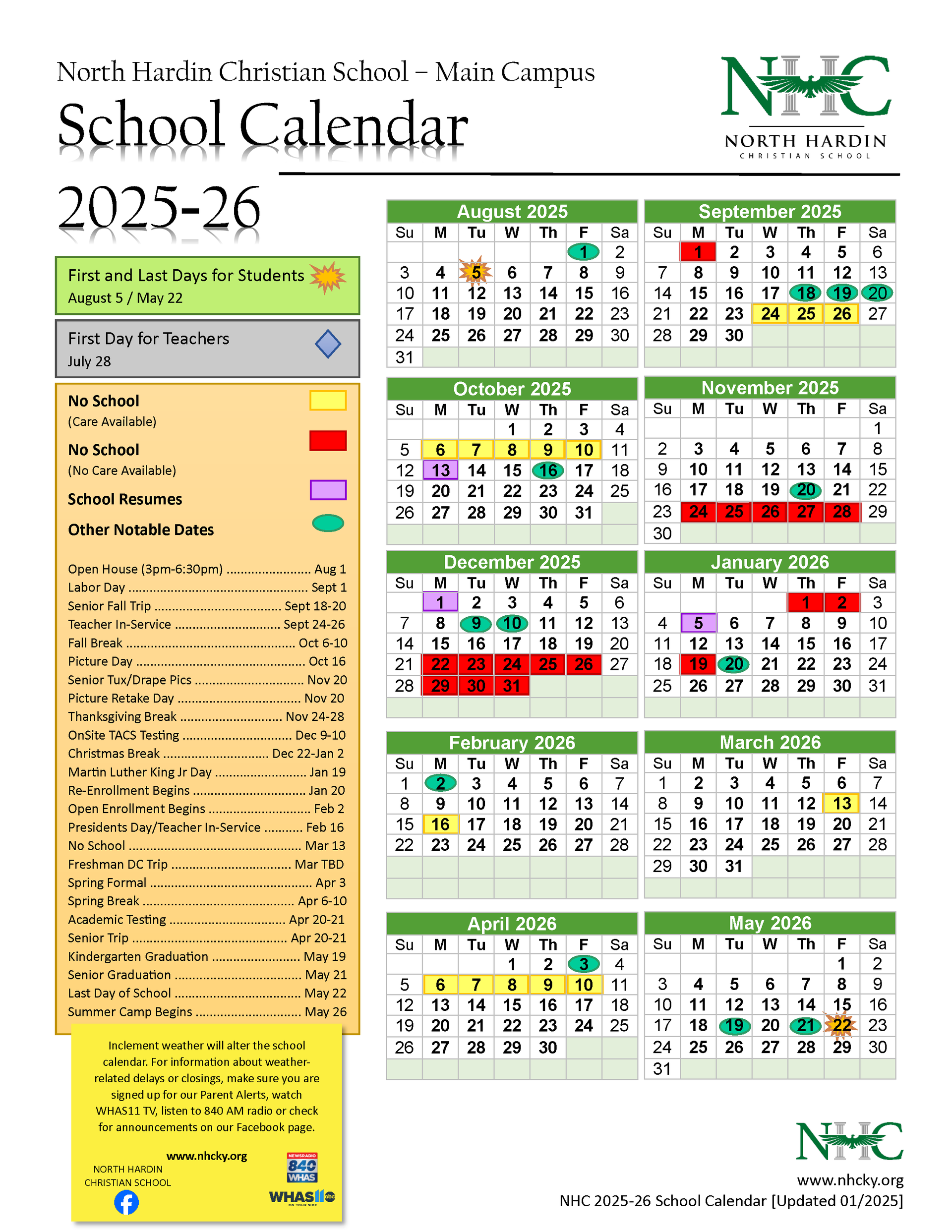 School calendar for North Haven Community School, 2025-26, with key dates color-coded.