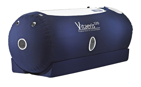A blue vitaeris 300 oxygen chamber on a white background