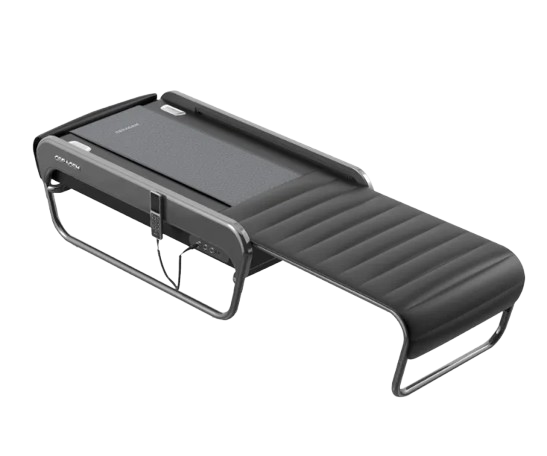 A black massage bed with a treadmill attached to it