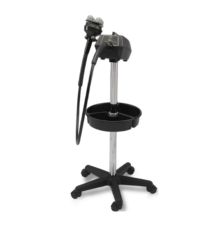 A black machine is sitting on top of a black tray on a stand.