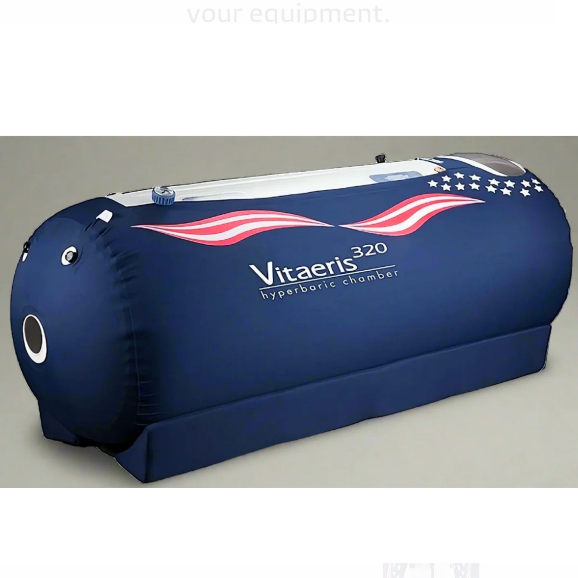 A blue vitaeris 300 oxygen chamber on a white background
