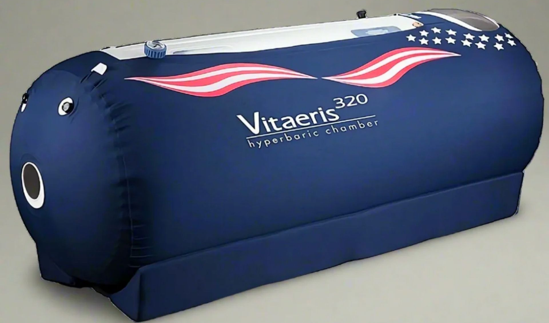A blue vitaeris 300 oxygen chamber on a white background