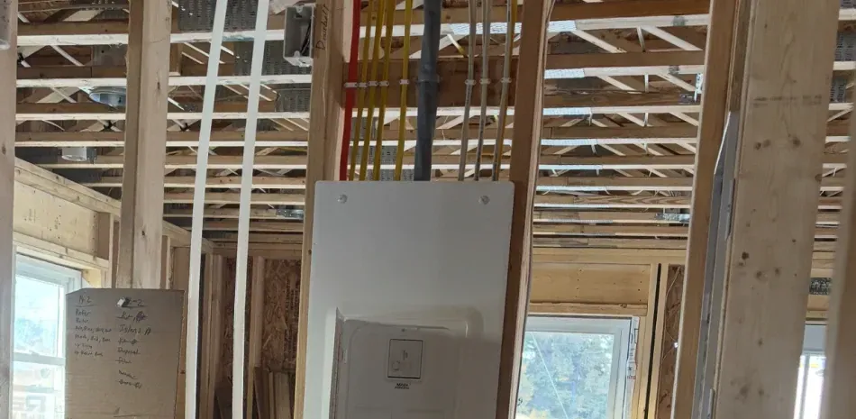 A electrical box is hanging from the ceiling of a house under construction.