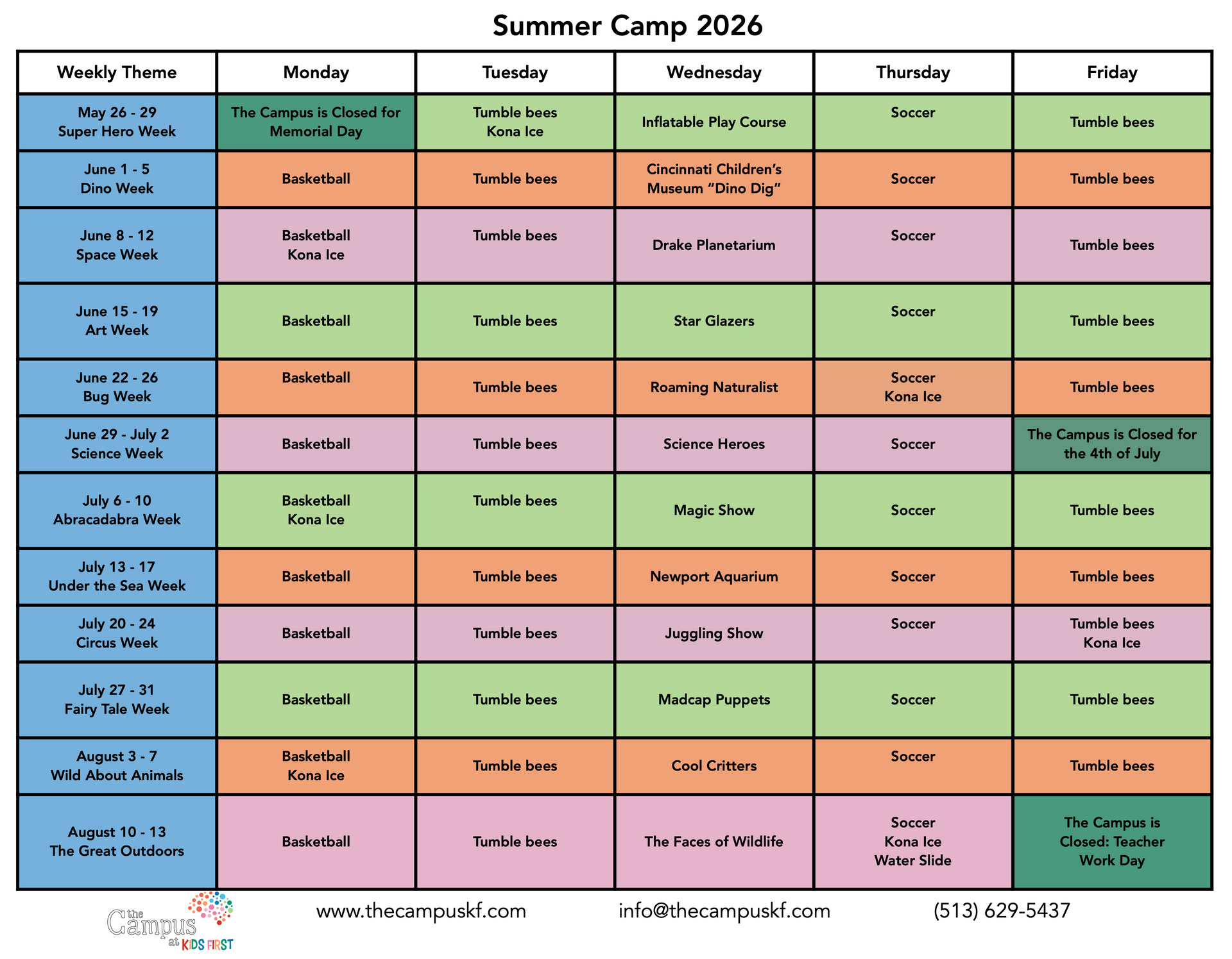 Summer Camp 2026 schedule grid, listing weekly themes and daily activities from May to August with dates and color-coding.