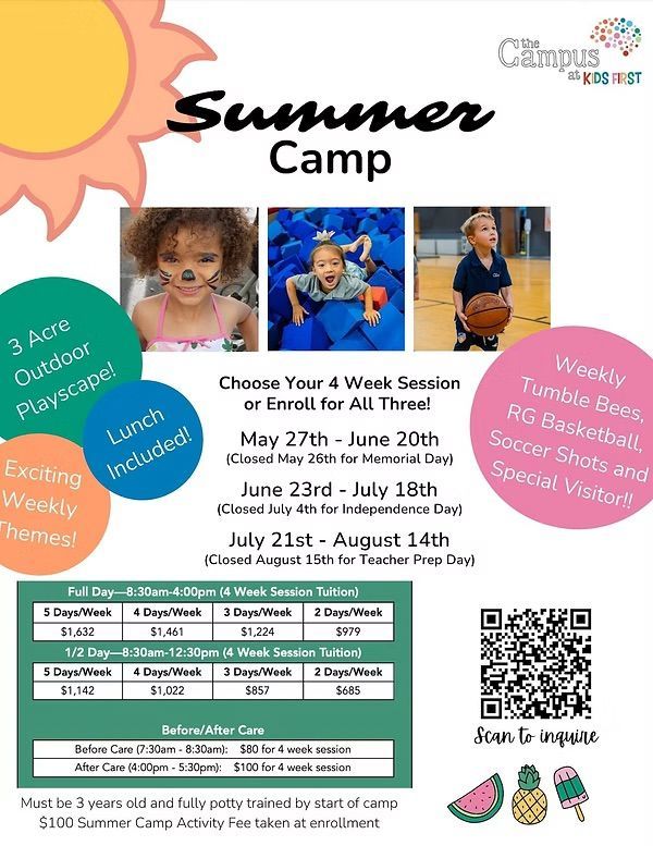 Summer camp flyer with photos of children, including a sun graphic, and details about sessions and activities.
