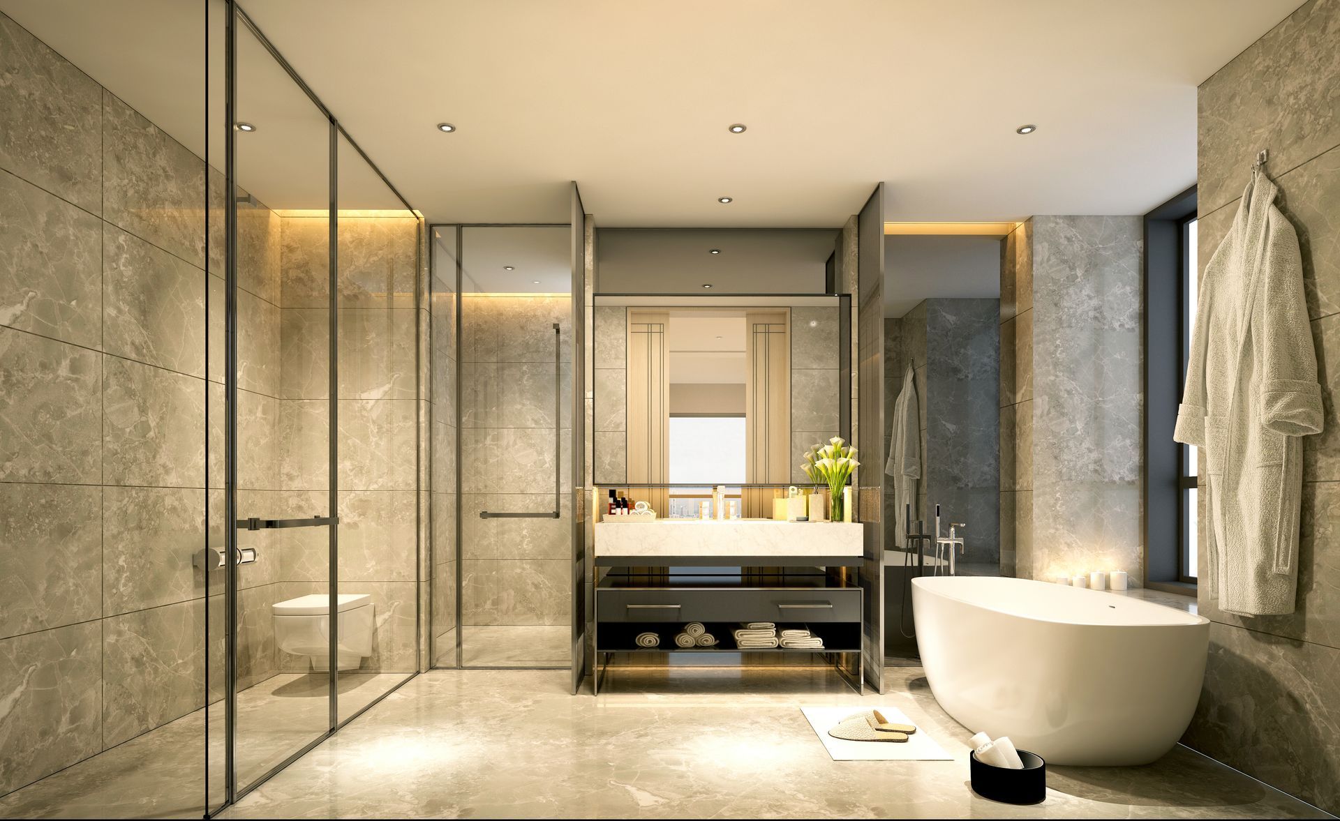 Contemporary bathroom with sleek design, featuring a freestanding bathtub, glass-enclosed shower, and minimalist fixtures.