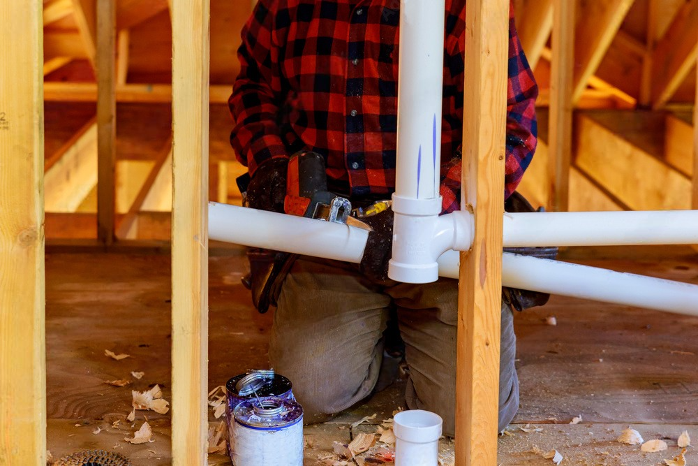 a man in a plaid shirt is working on a pipe