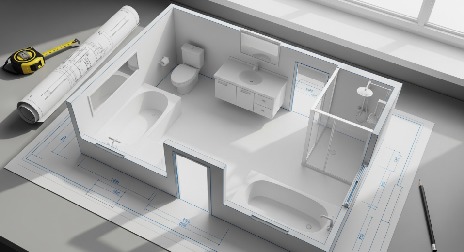A contractor and homeowner reviewing 3D remodel plans on a tablet in a modern kitchen.