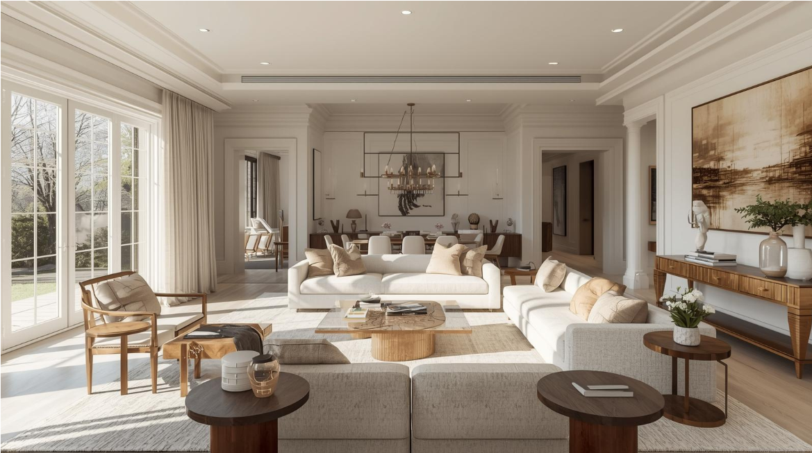 A realistic 3D rendering of a home remodel interior compared to a blueprint.