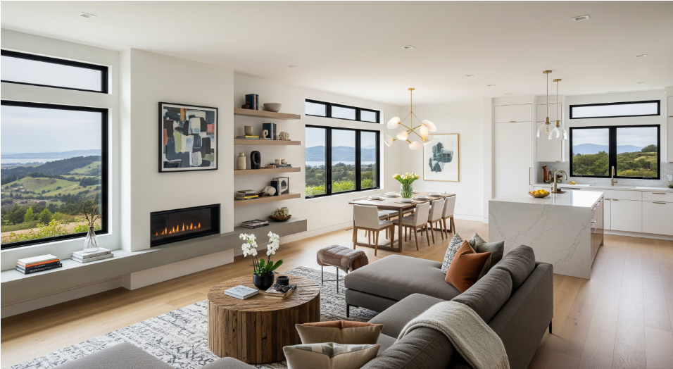 A modern kitchen remodel in progress showing 3D design renderings compared to the finished carpentry