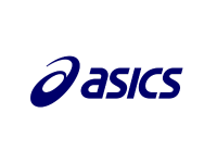 O logotipo da asics é azul e branco em um fundo branco.