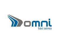 Um logotipo de táxi aéreo omni azul e cinza em um fundo branco.