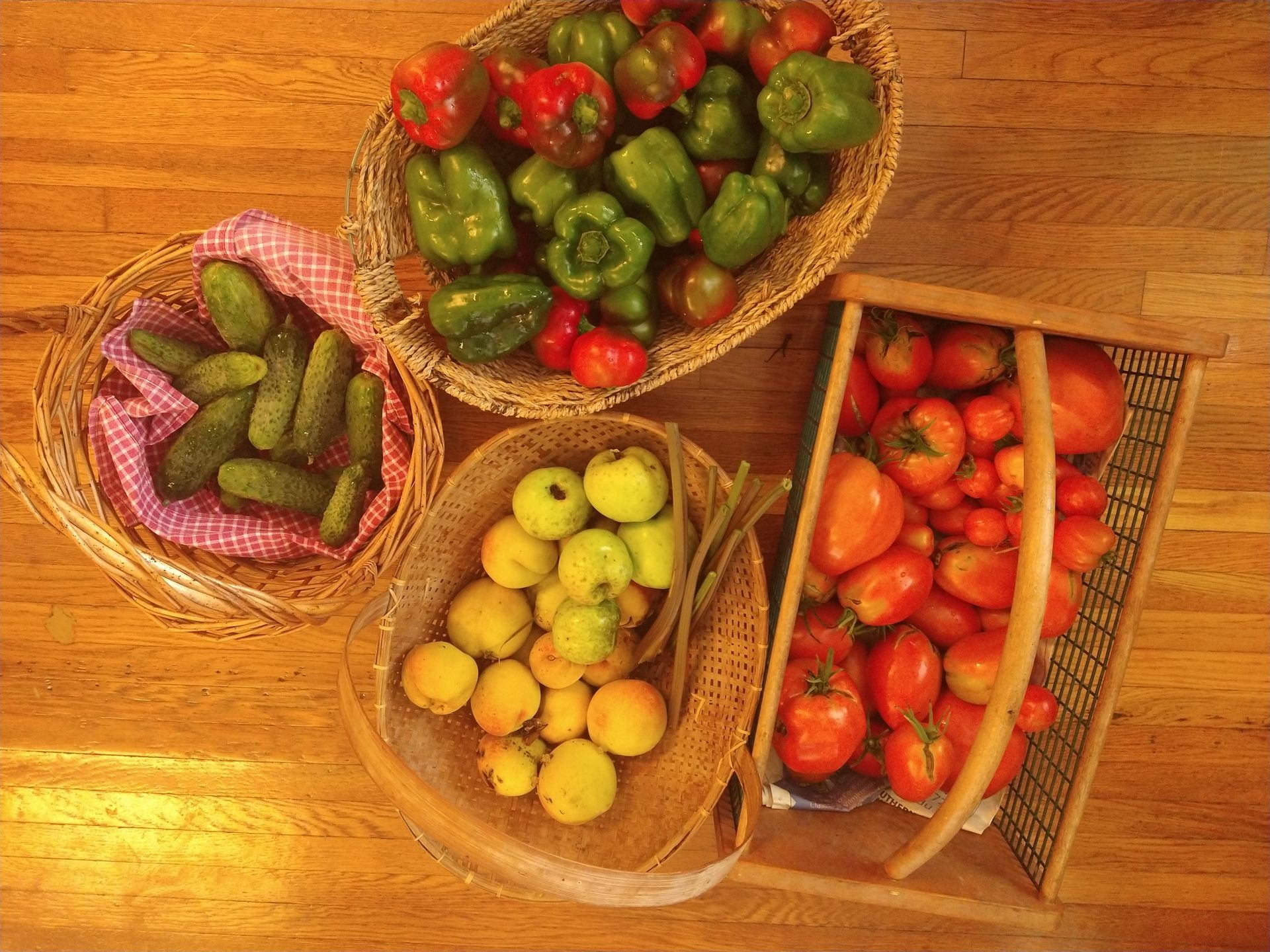 Four baskets of garden produce including cucumbers, green and red sweet peppers, tomatoes and apples