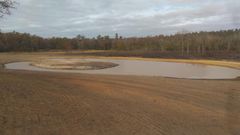 A muddy pond surrounded by bare dirt and trees under a cloudy sky.