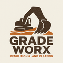 Brown excavator digging earth, with the text "GRADE WORX DEMOLITION & LAND CLEARING" below.