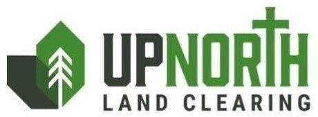 Logo for UpNorth Land Clearing, featuring a green hexagonal tree, a cross, and text.