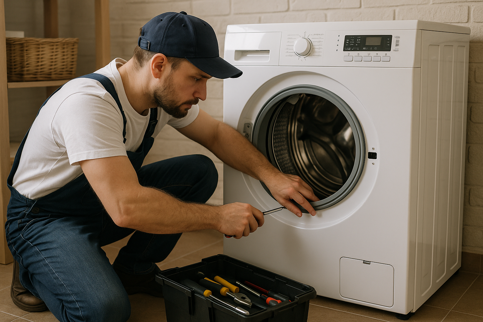 Repairman in blue uniform repairing a dishwasher in a kitchen.