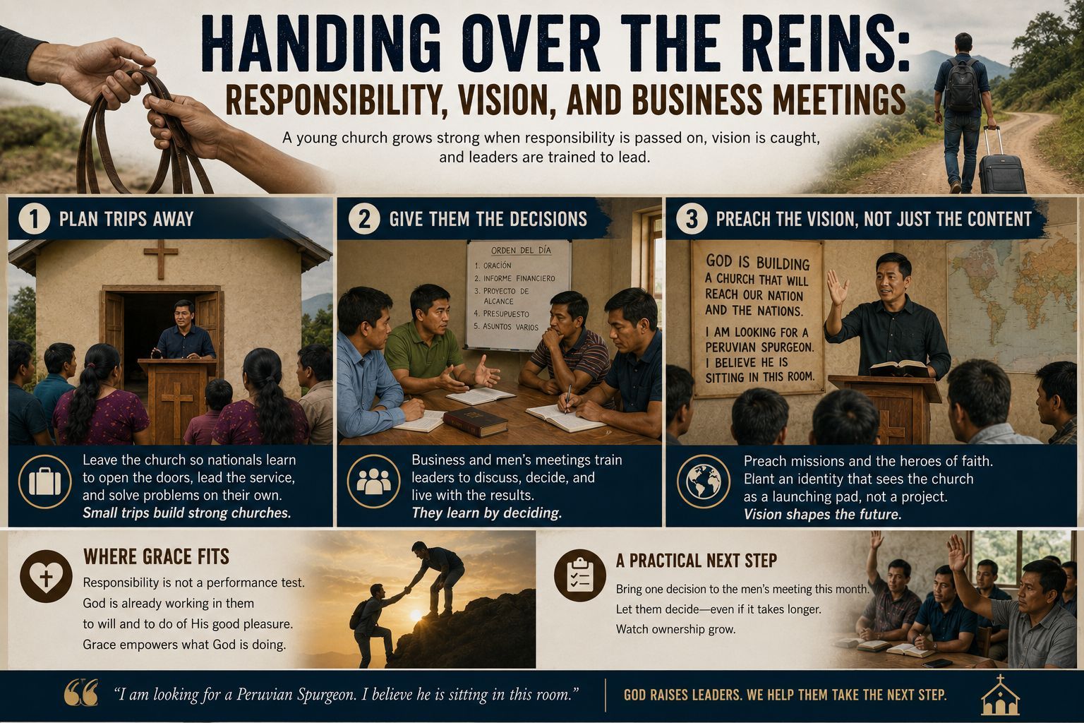 Missionary handing responsibility to national church leaders through planned absences, business meet