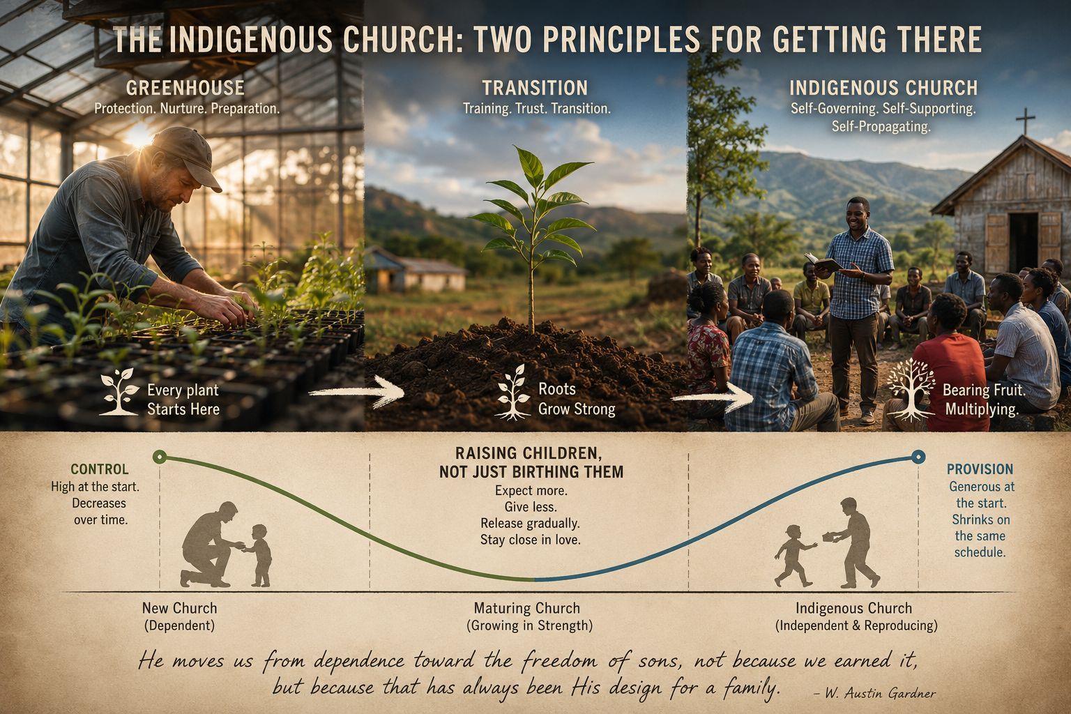 Missionaries planting a self-governing, self-supporting, and self-propagating indigenous church as l