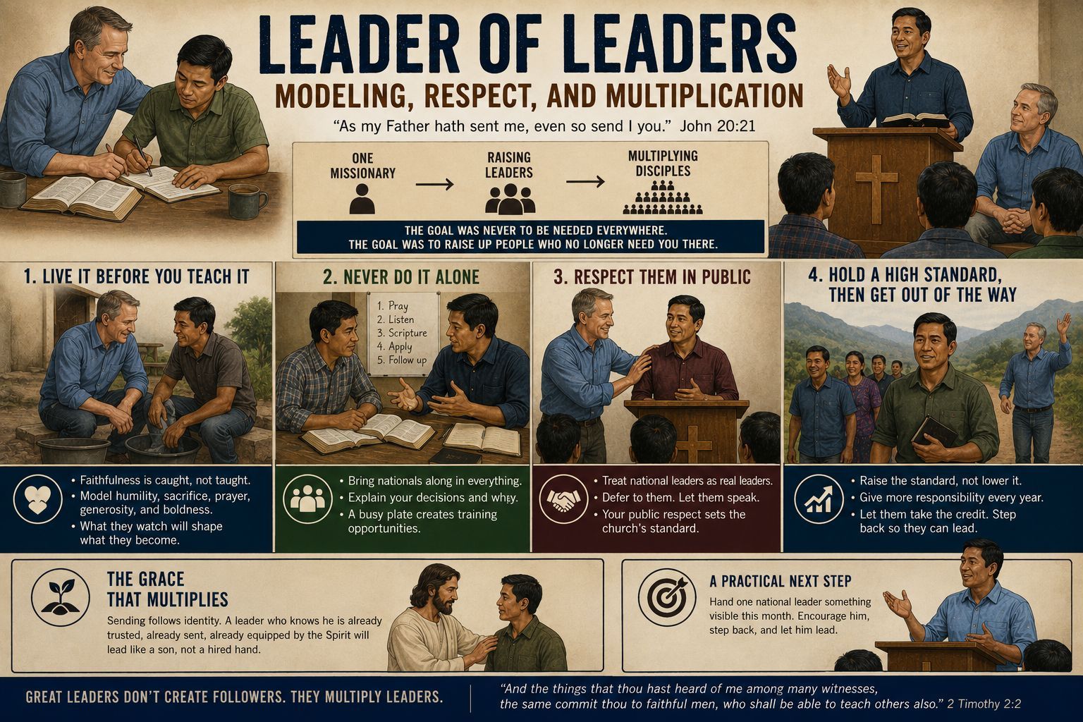 Missionary mentoring and publicly honoring a national church leader, illustrating how modeling, resp