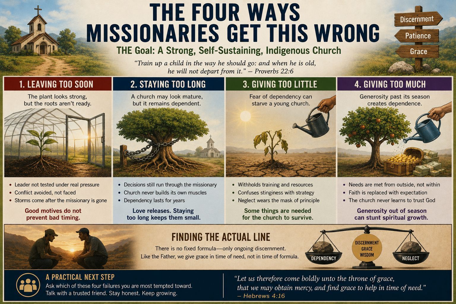 Illustration showing the four common missionary mistakes—leaving too soon, staying too long, giving