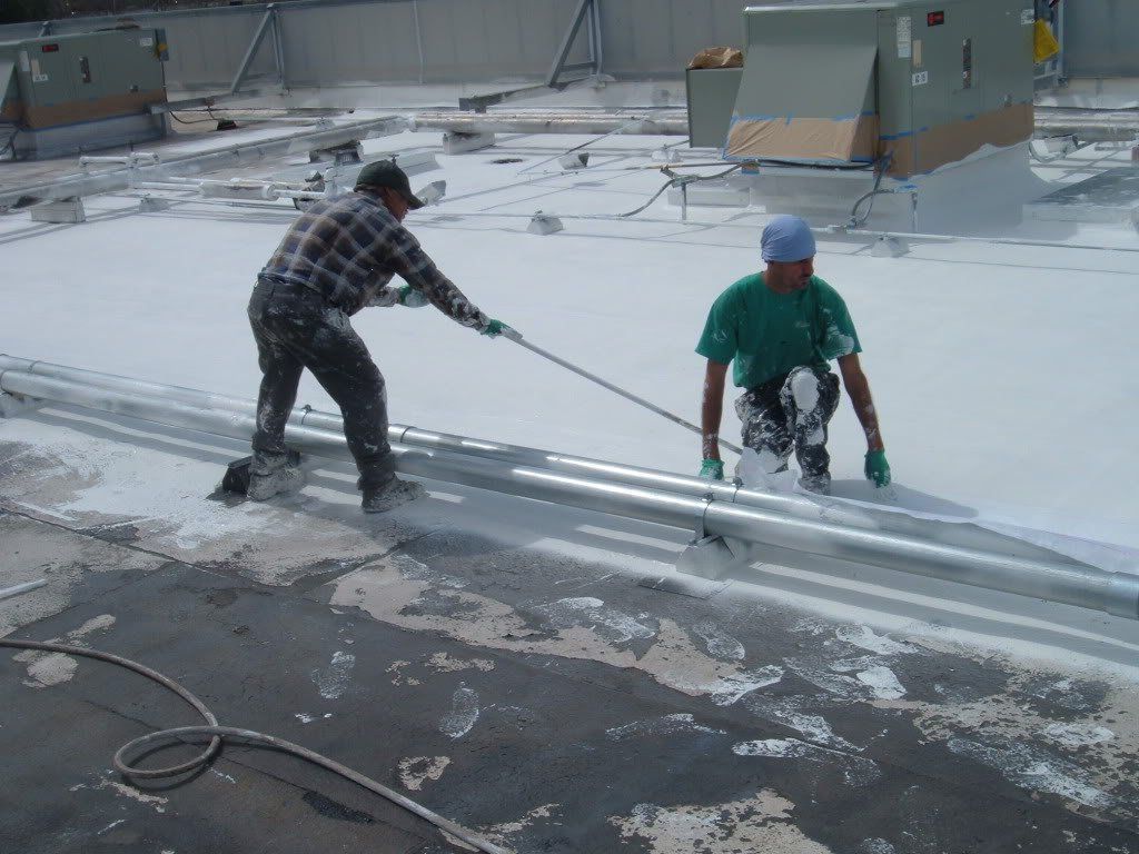 Two men are working on a roof with a hose