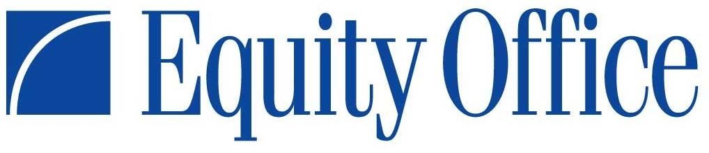 A blue and white logo for equity office
