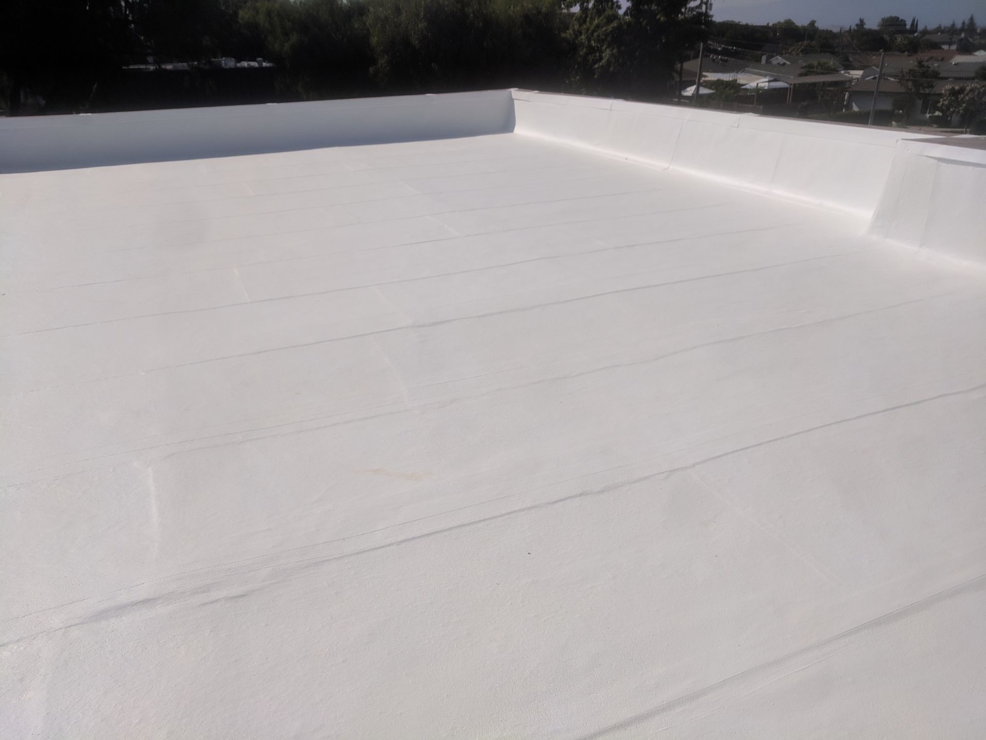 A white roof with a few trees in the background.