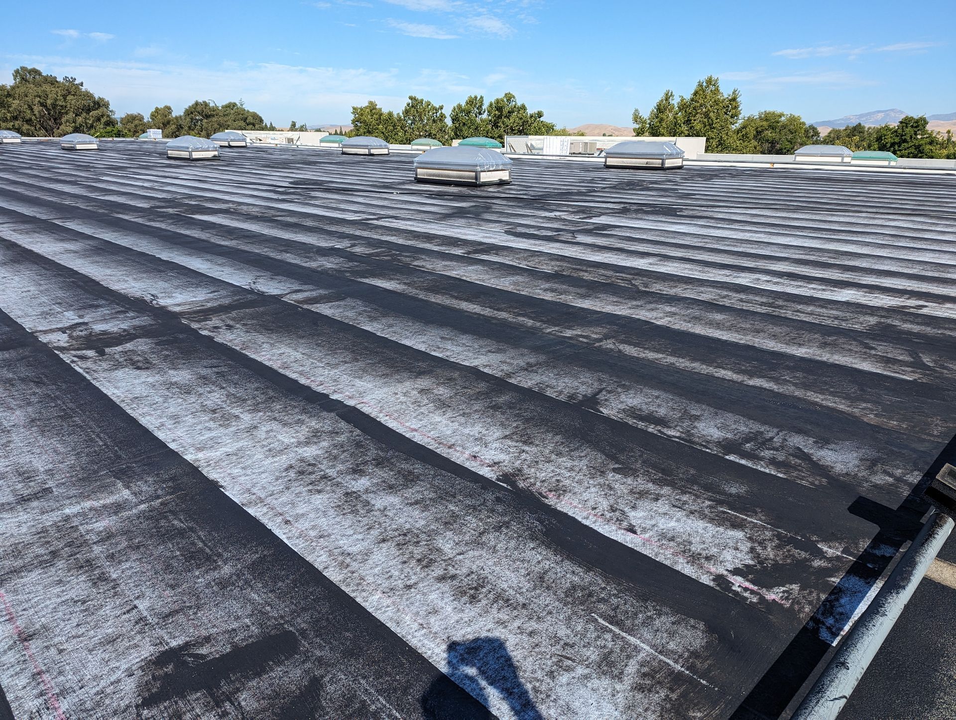 A black and white roof with a blue sky in the background